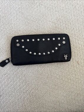 Frye Black Leather Studded Zip Card Wallet